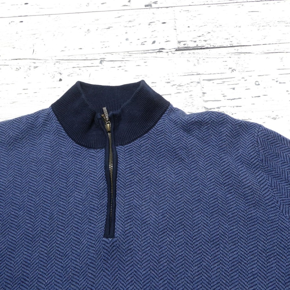 J McLaughlin Sweater Mens L Blue Herringbone 1/4 Zip Mock Neck Knit Pullover - Picture 2 of 7